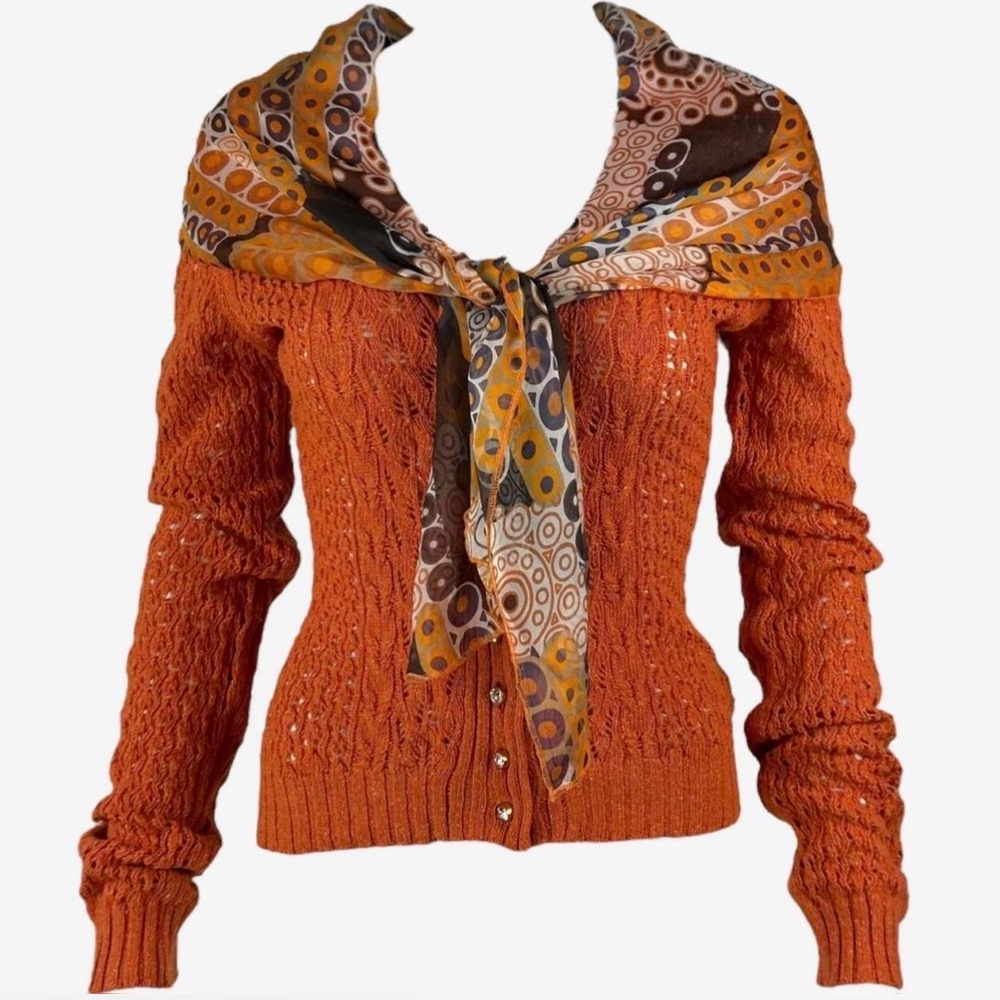 D&G Dolce and Gabbana Orange Knit Cardigan with Silk Printed Scarf